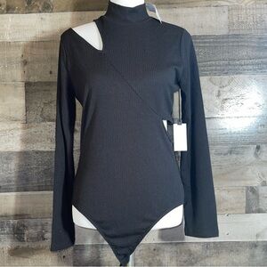 Astr Black Asymmetrical Long Sleeve Bodysuit